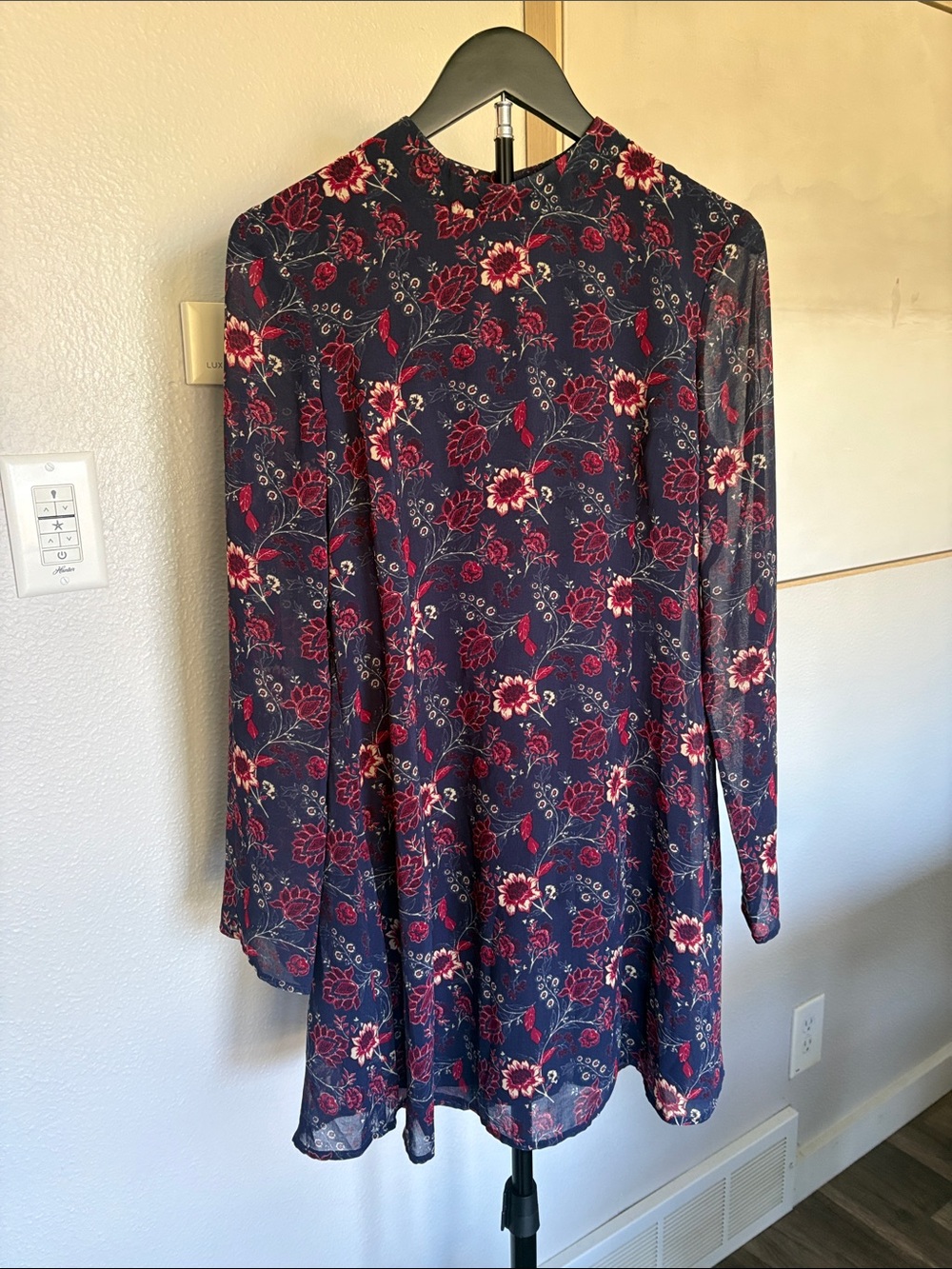 Women's Navy Floral Long-Sleeve Dress with Cardigan